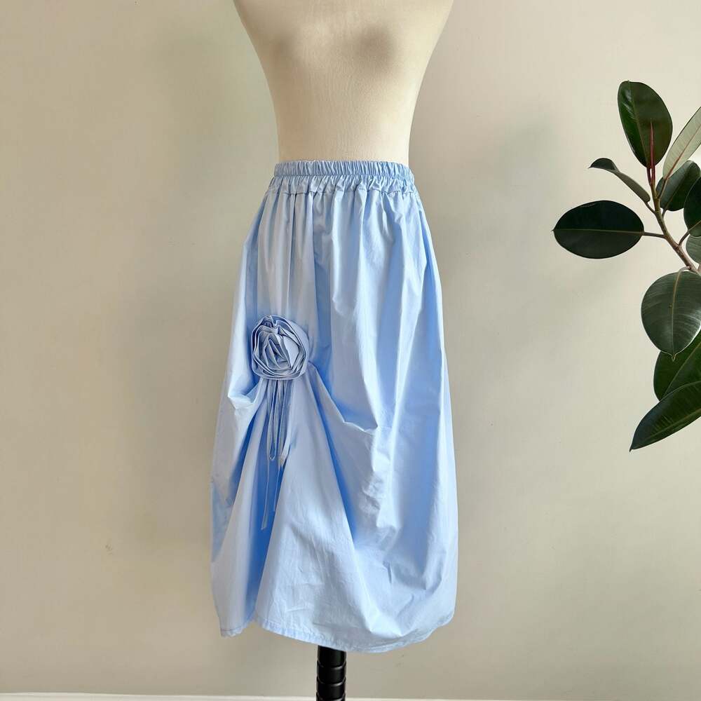 Stella Milani Light Blue Cotton Midi Skirt with 3D Rose Flower Detail